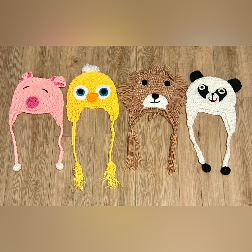 Lot Of 4 Crocheted Animal Beanie with Side Braids Pig Lion Panda Chicken NEW